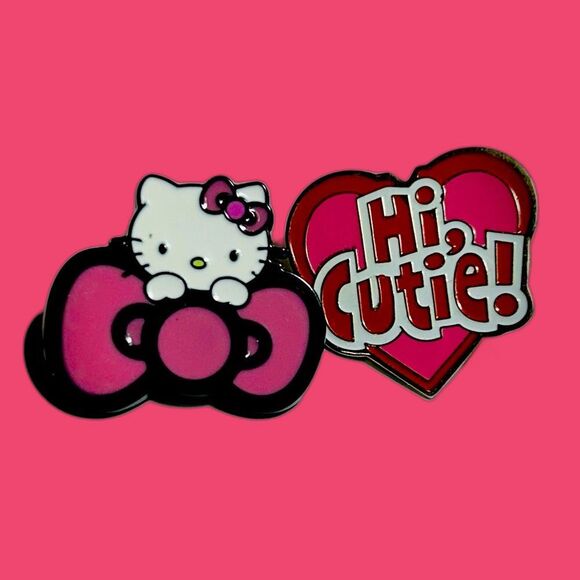 Hi CUTIE! -and- Hello Kitty Character 2 Metal Enamel Pins, Brooches New - Picture 1 of 2